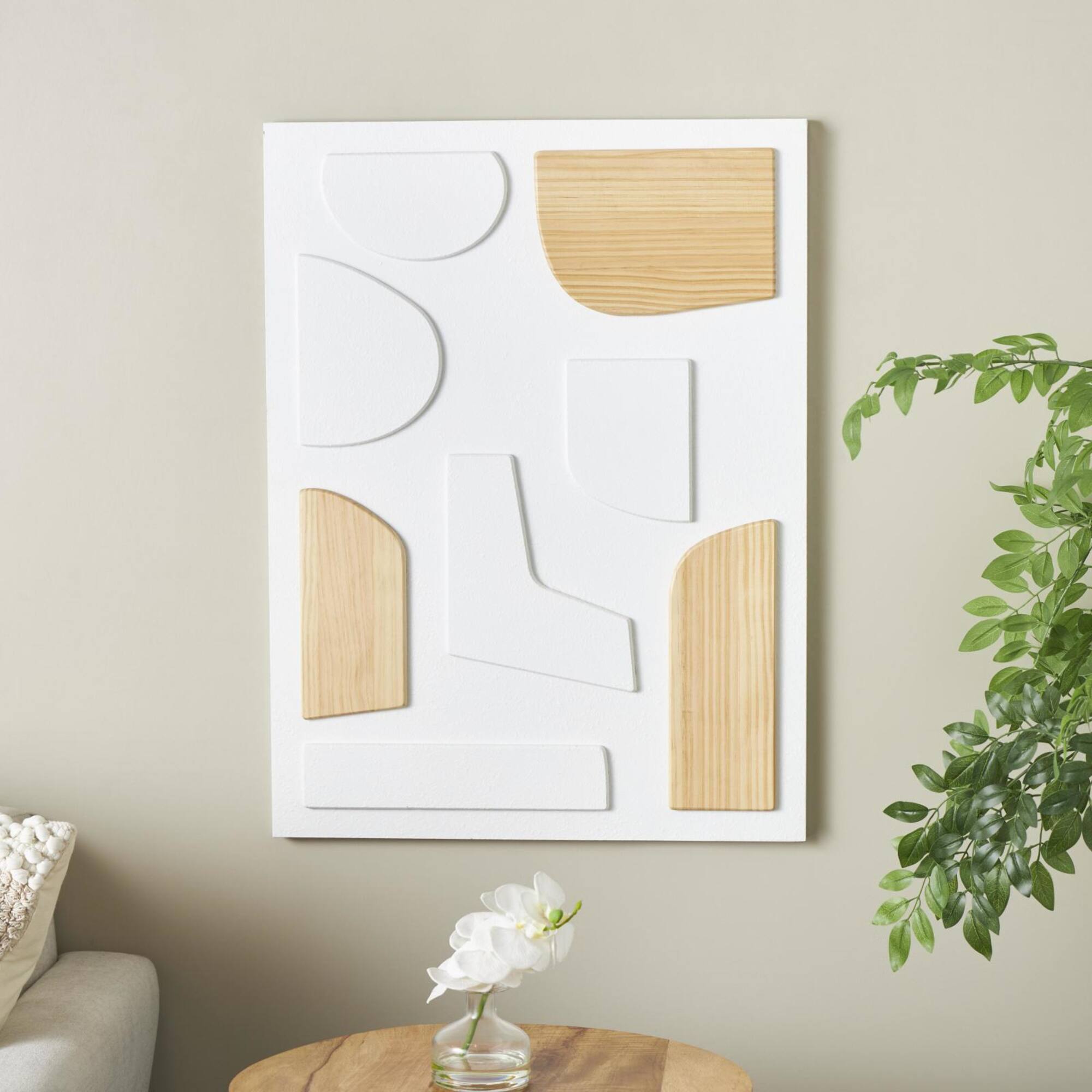 23.5" x 31.5" White Wood Geometric Dimensional Art Deco Shapes with Brown Accents Home Wall Décor